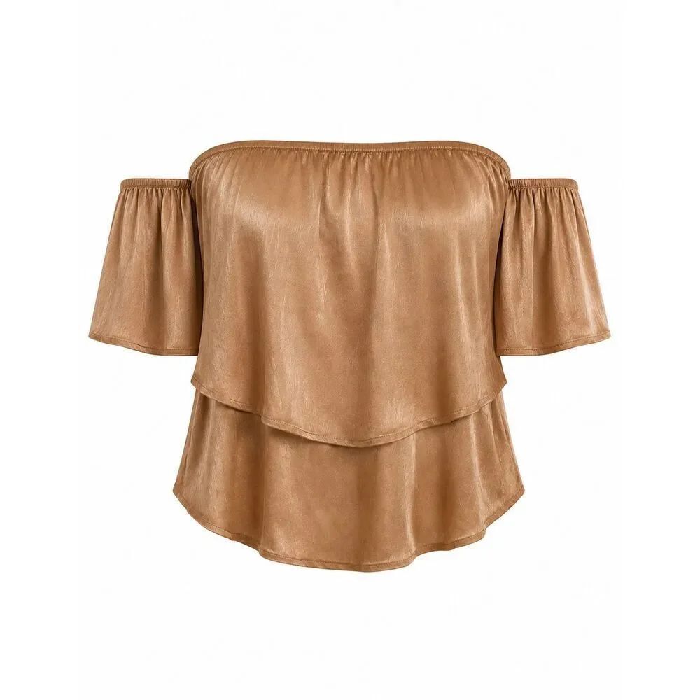 Forever 21 Off Shoulder Blouse M Gold Flounce Sleeve Boho Blouse Cropped Top